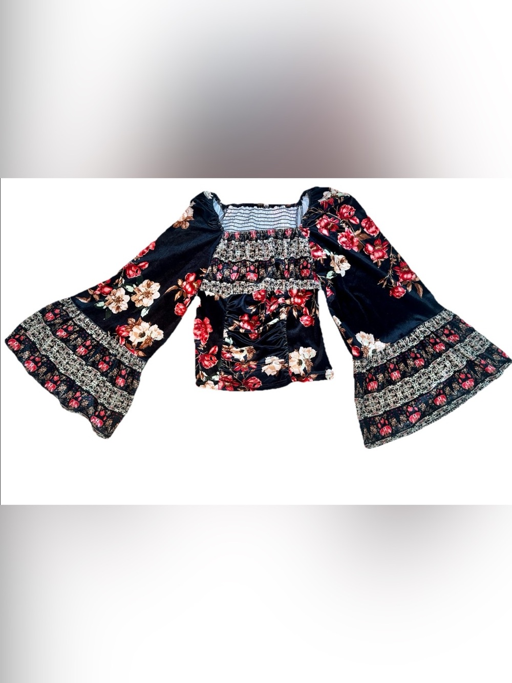 Bohemian Shirt S Flowing Sleeves Floral Free Spirited Gypsy Velvety Hippie